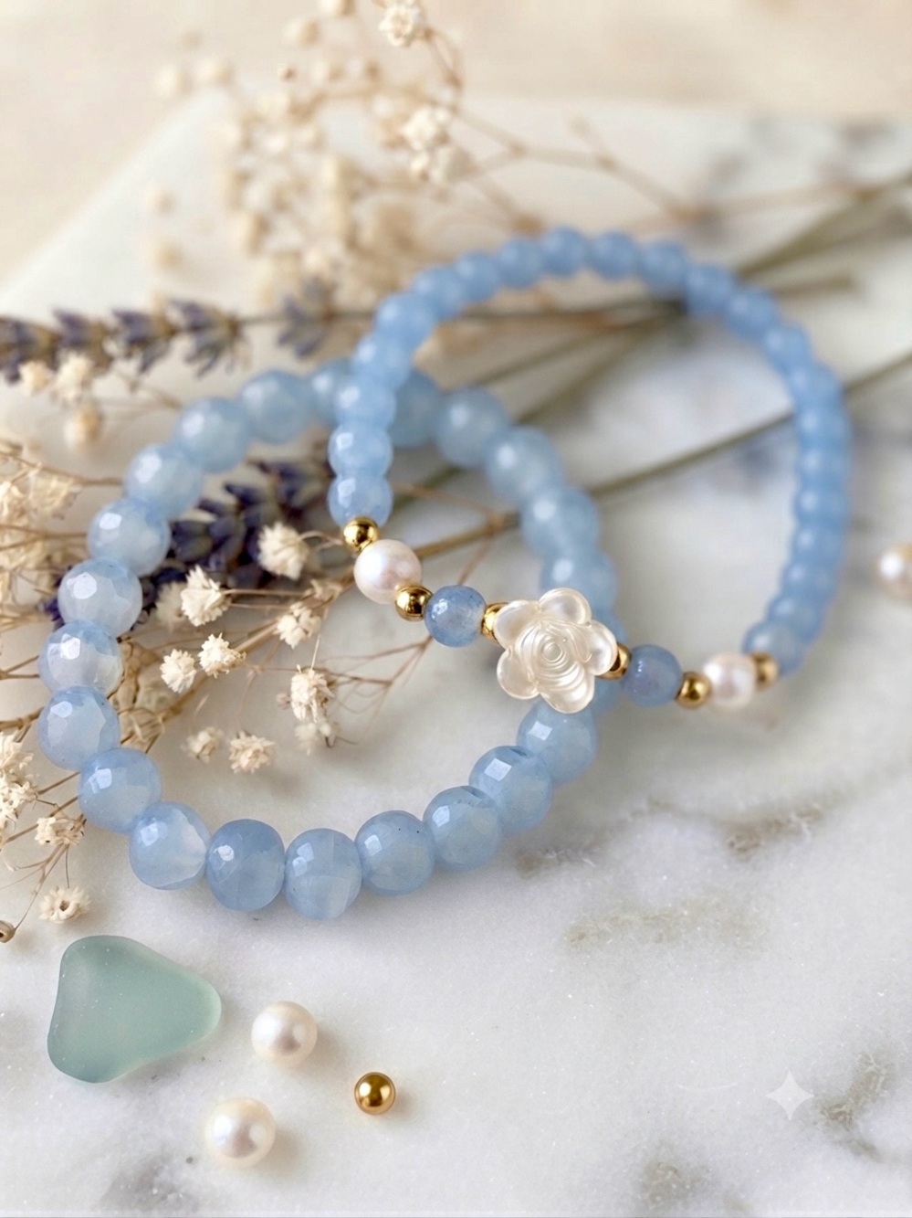 Handmade Blue Chalcedony Beaded Bracelet with Mother-of-Pearl Flower